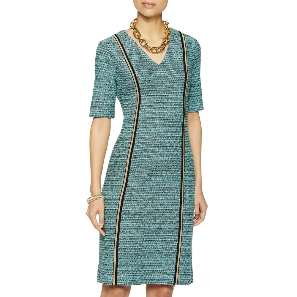MISOOK Tweed Dress Womens XS Turquoise Short Sleeve Light V-neck Knee Length